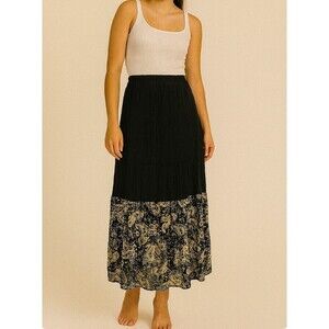 Women's broom stick skirt black gold tiered paisley print maxi elastic waist  MD